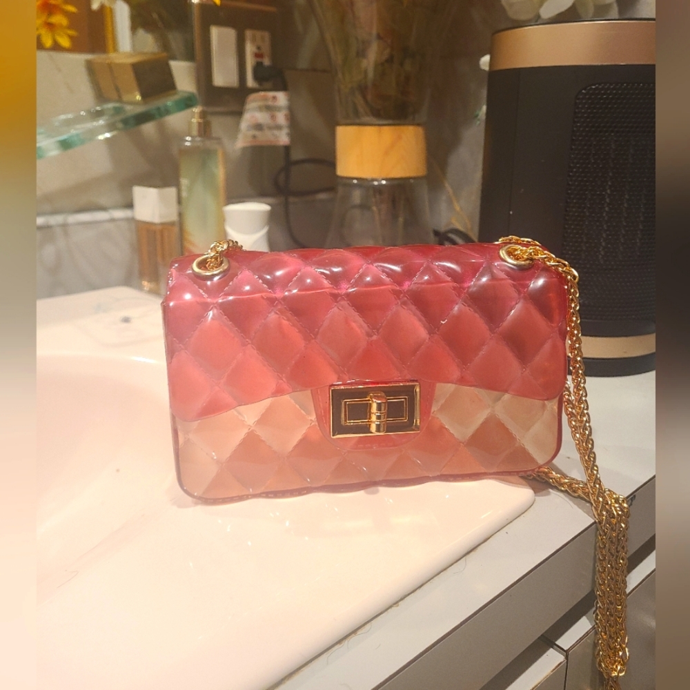 Pink Ombre Jelly Purse Gold Chain Handles Can be worn long or short